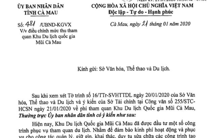 Thông báo điều chỉnh mức thu vé tham quan Khu du lịch Quốc gia Mũi Cà Mau