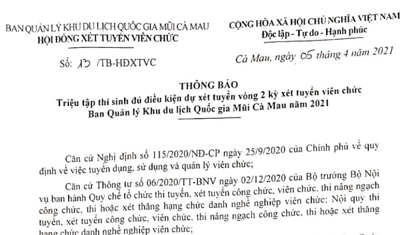 Thông báo triệu tập thí sinh đủ điều kiện dự xét tuyển vòng 2 kỳ xét tuyển viên chức Ban Quản lý Khu du lịch Quốc gia Mũi Cà Mau năm 2021