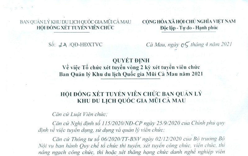 Quyết định về việc Tổ chức xét tuyển vòng 2 kỳ xét tuyển viên chức Ban Quản lý Khu du lịch Quốc gia Mũi Cà Mau năm 2021