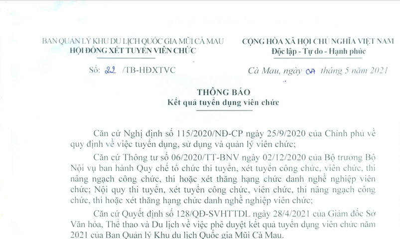 Thông báo kết quả tuyển dụng viên chức