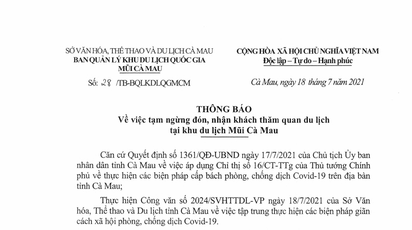 Về việc tạm ngừng đón, nhận khách thăm quan du lịch tại Khu du lịch Mũi Cà Mau