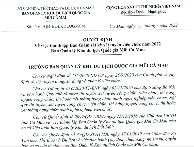 Về việc thành lập Ban Giám sát kỳ xét tuyển viên chức năm 2022 Ban Quản lý Khu du lịch Quốc gia Mũi Cà Mau