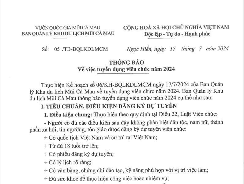 Ban Quản lý Khu du lịch Mũi Cà Mau thông báo tuyển dụng viên chức