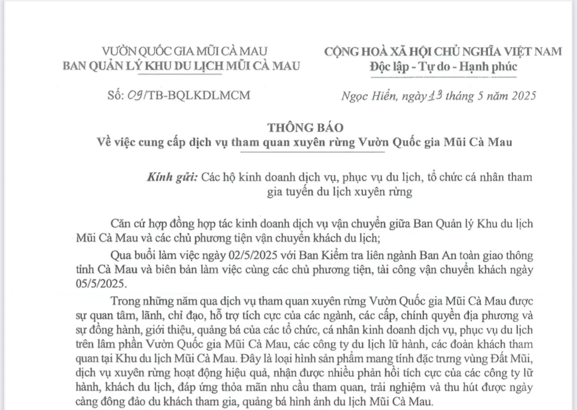 Thông báo về việc cung cấp dịch vụ tham quan xuyên rừng Vườn Quốc gia Mũi Cà Mau