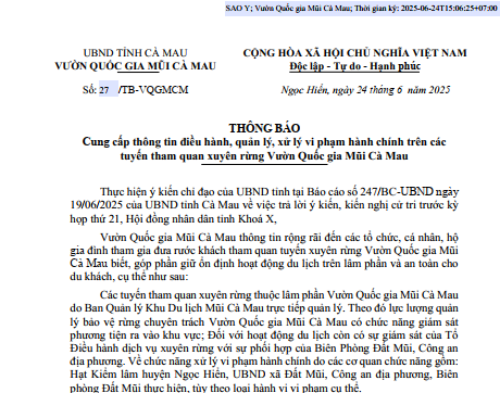 Cung cấp thông tin điều hành, quản lý, xử lí vi phạm hành chính trên các tuyến tham quan xuyên rừng Vườn Quốc gia Mũi Cà Mau