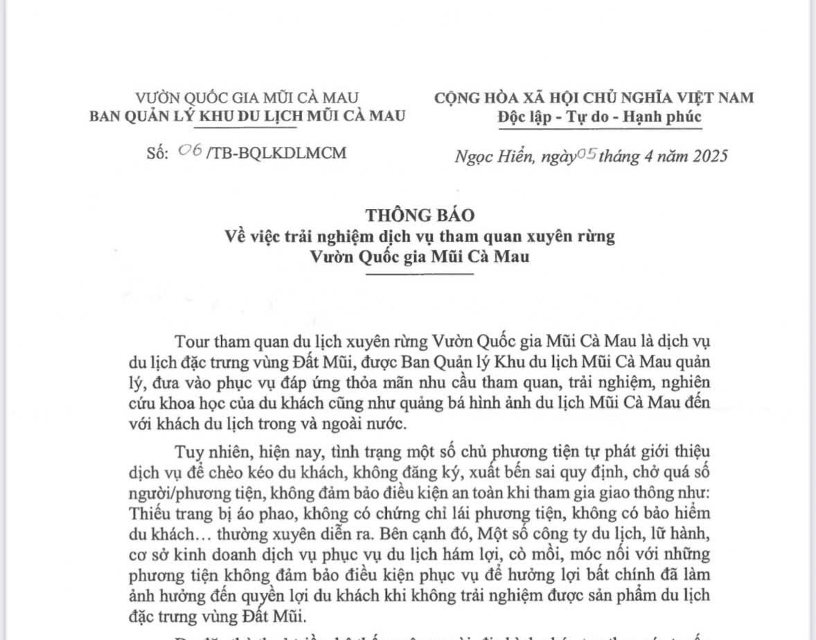 Thông báo về việc trải nghiệm dịch vụ tham quan xuyên rừng Vườn Quốc gia Mũi Cà Mau