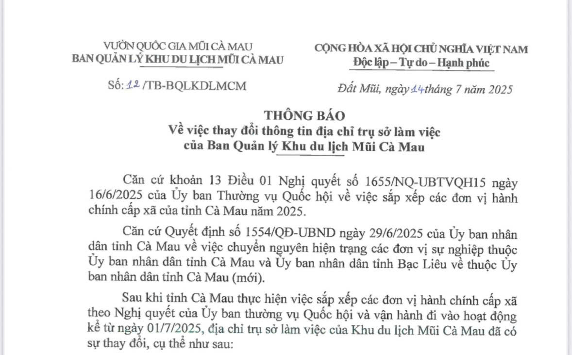 Thông báo về việc thay đổi thông tin địa chỉ trụ sở làm việc của Ban Quản lý Khu du lịch Mũi Cà Mau