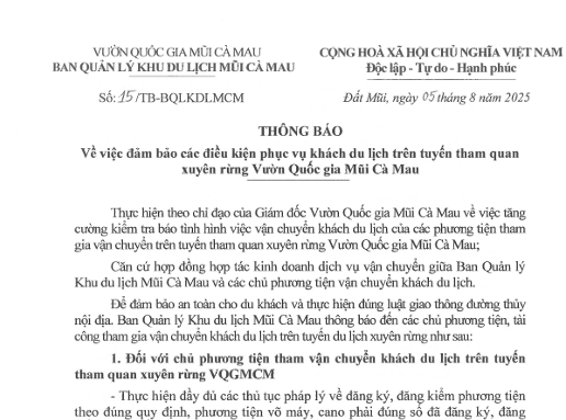 Thông báo về việc đảm bảo các điều kiện phục vụ khách du lịch trên tuyến tham quan xuyên rừng Vườn Quốc gia Mũi Cà