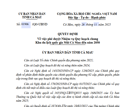 Thông báo: Về việc phê duyệt Nhiệm vụ Quy hoạch chung Khu du lịch Mũi Cà Mau đến năm